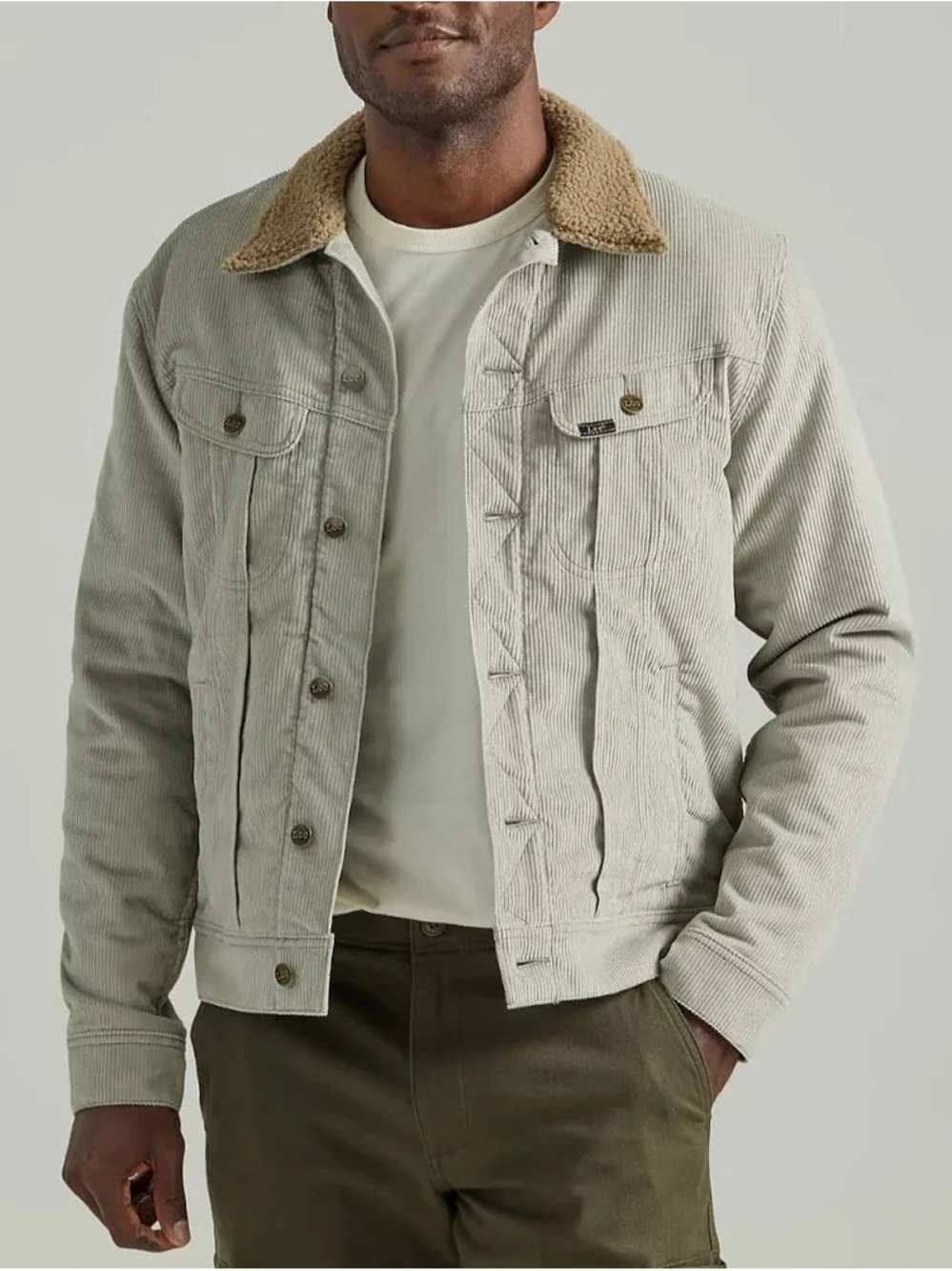 Men's Corduroy Corduroy Trucker Sherpa Lined Jacket - Light Grey and Tan